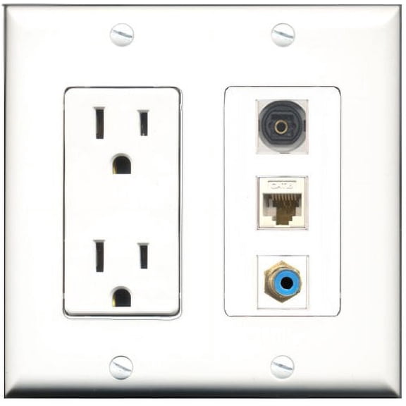 RiteAV - 15 Amp Power Outlet 1 Port RCA Blue 1 Port Toslink 1 Port Cat6 Ethernet Ethernet White Decorative Wall Plate