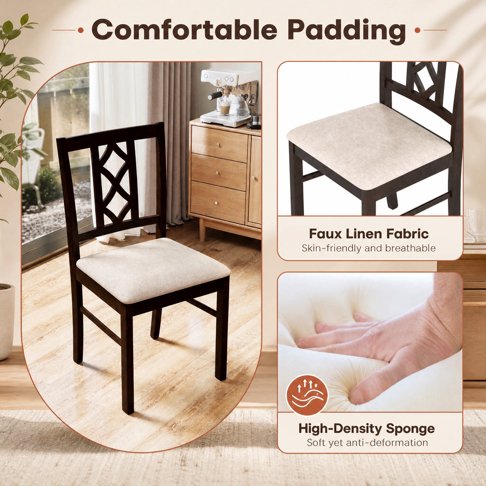 Furnibear Rubber Wood Dining Room Chairs Set of 2 with Hollowed Backrest and Padded Faux Linen Fabric Seat for Kitchen, Brown