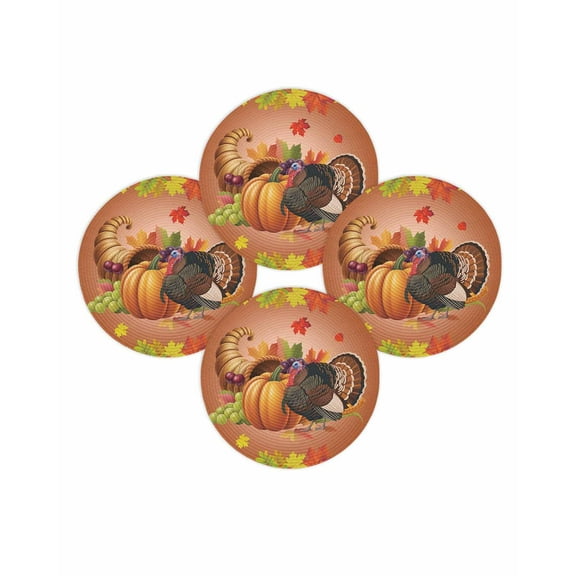 Fall Round Placemats Set of 4 Harvest Orange Pumpkin Turkey Place Mats Thanksgiving Woven Placemat Autumn Maple Leaves Circle Braided Table Mat for Kitchen Dining Table Party Home Decor 15 Inch