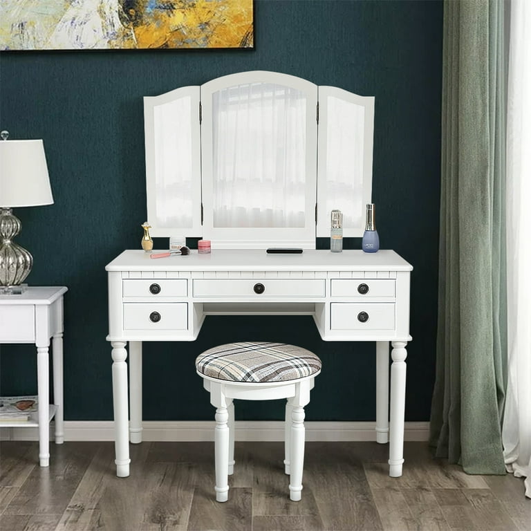 Kepooman Dresser Vanity Table Set 3 Fold Mirror Drawers Roman Column for Home BedRoom