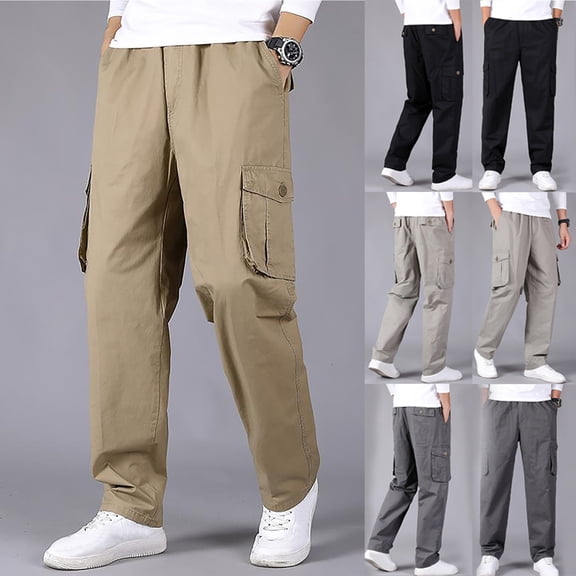 safuny Men's Cotton Cargo Jogger Cuff Pants Summer Fashion Patchwork Solid Elastic Waist Drawstring Leisure Workout Sports Trendy Trousers Black L