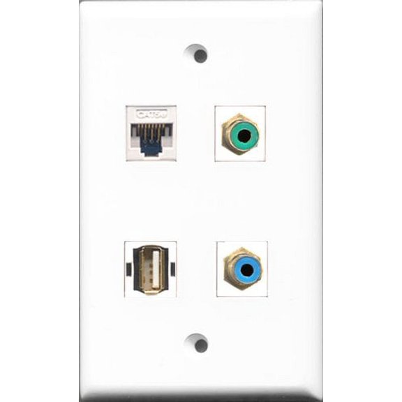 RiteAV 1 Port RCA Green and 1 Port RCA Blue and 1 Port USB A-A and 1 Port Cat5e Ethernet White Wall Plate