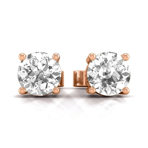 2 CTW Round Lab Grown Diamond Solitaire Stud Earrings with Basket Setting Pushbacks in 14K Rose Gold (E-F, VS1-VS2)