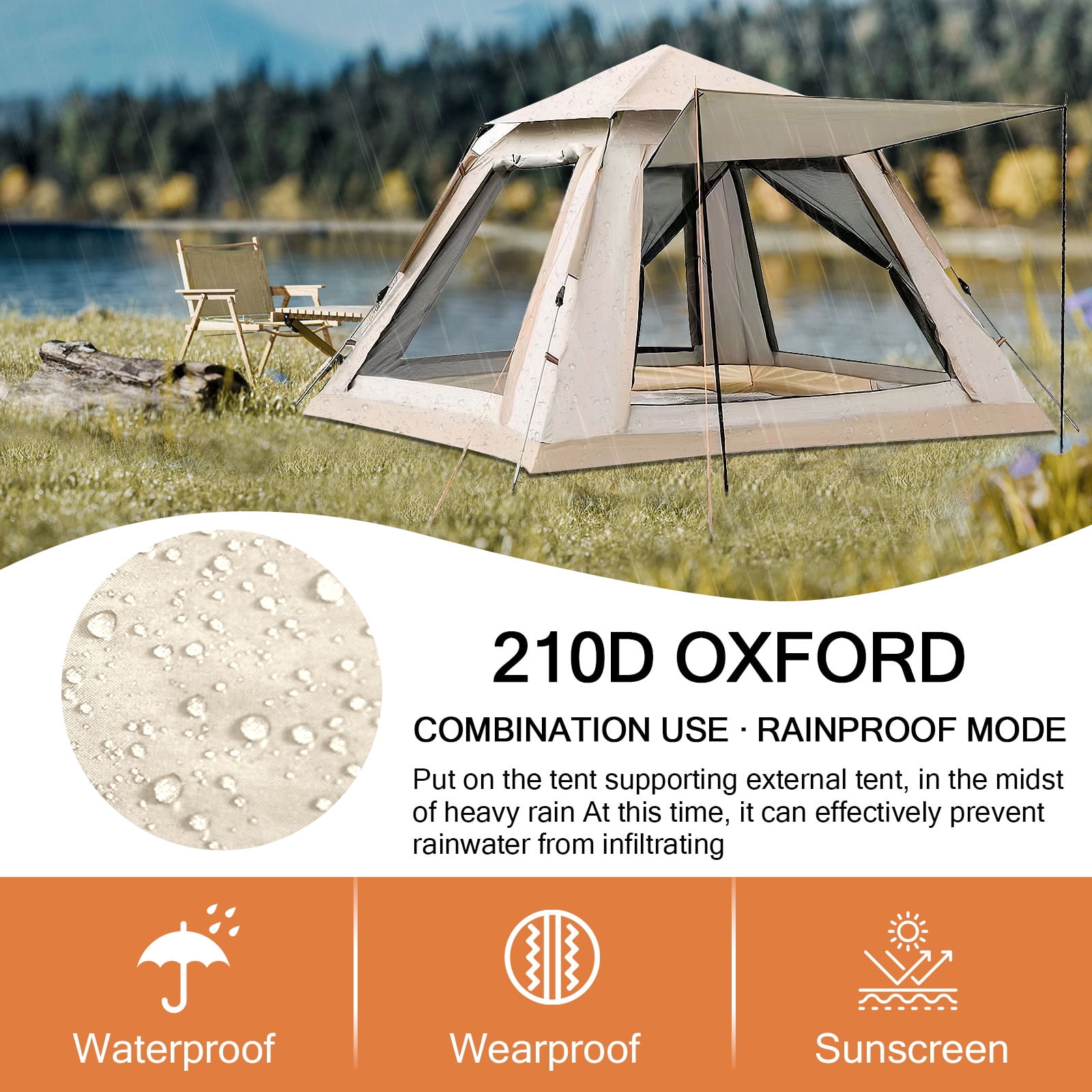 TOPCHANCES Family Camping Tent for 3-4 Person Automatic Opening Instant Pop Up Tent with Hammock for Outdoor Camping, Hiking, Traveling, Beige #C