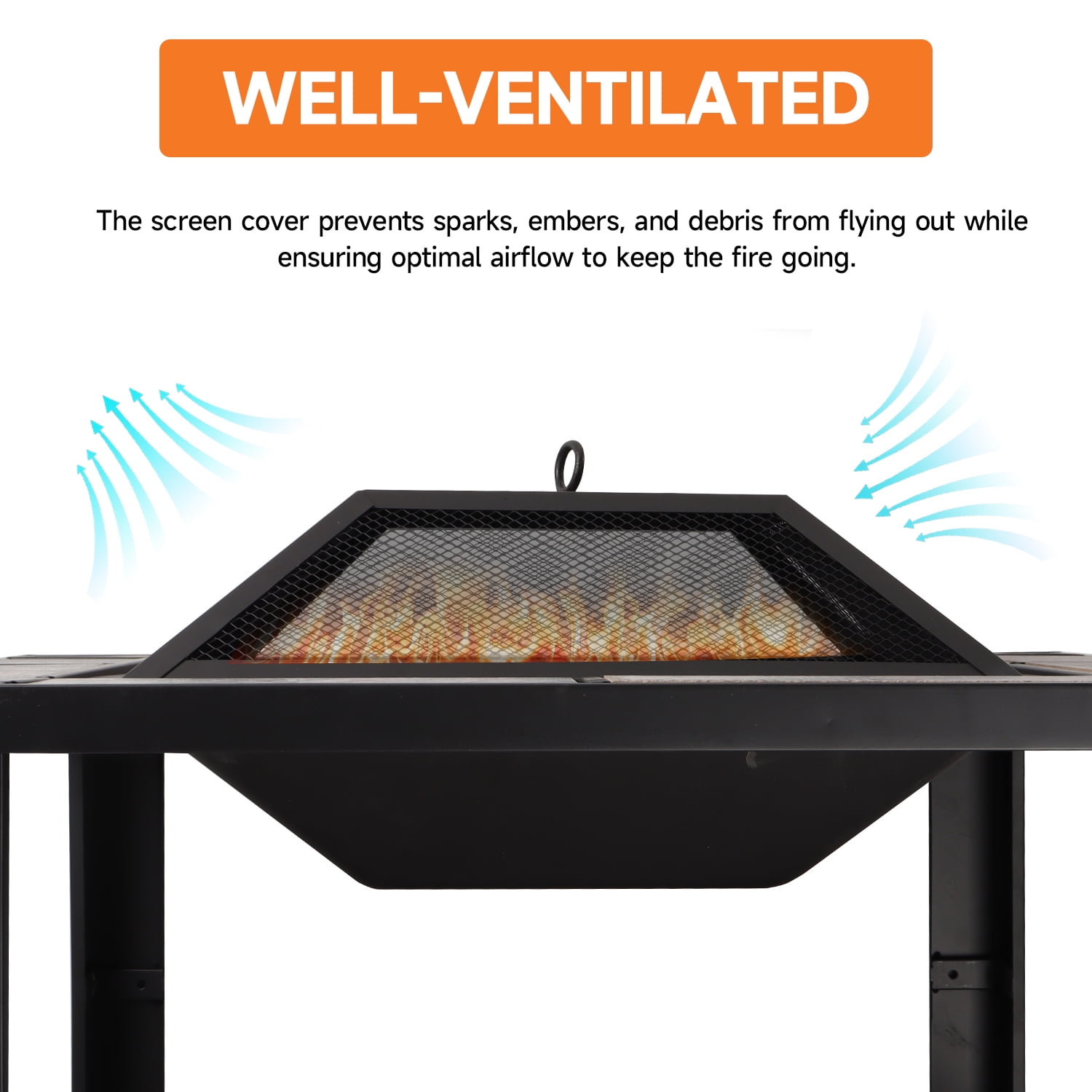 30" Square Bonfire Wood Burning Fire Pit Table with Spark Screen Cover, Log Grate, Waterproof Cover and Fire Poker for Outdoor Backyard, Garden, Bonfire