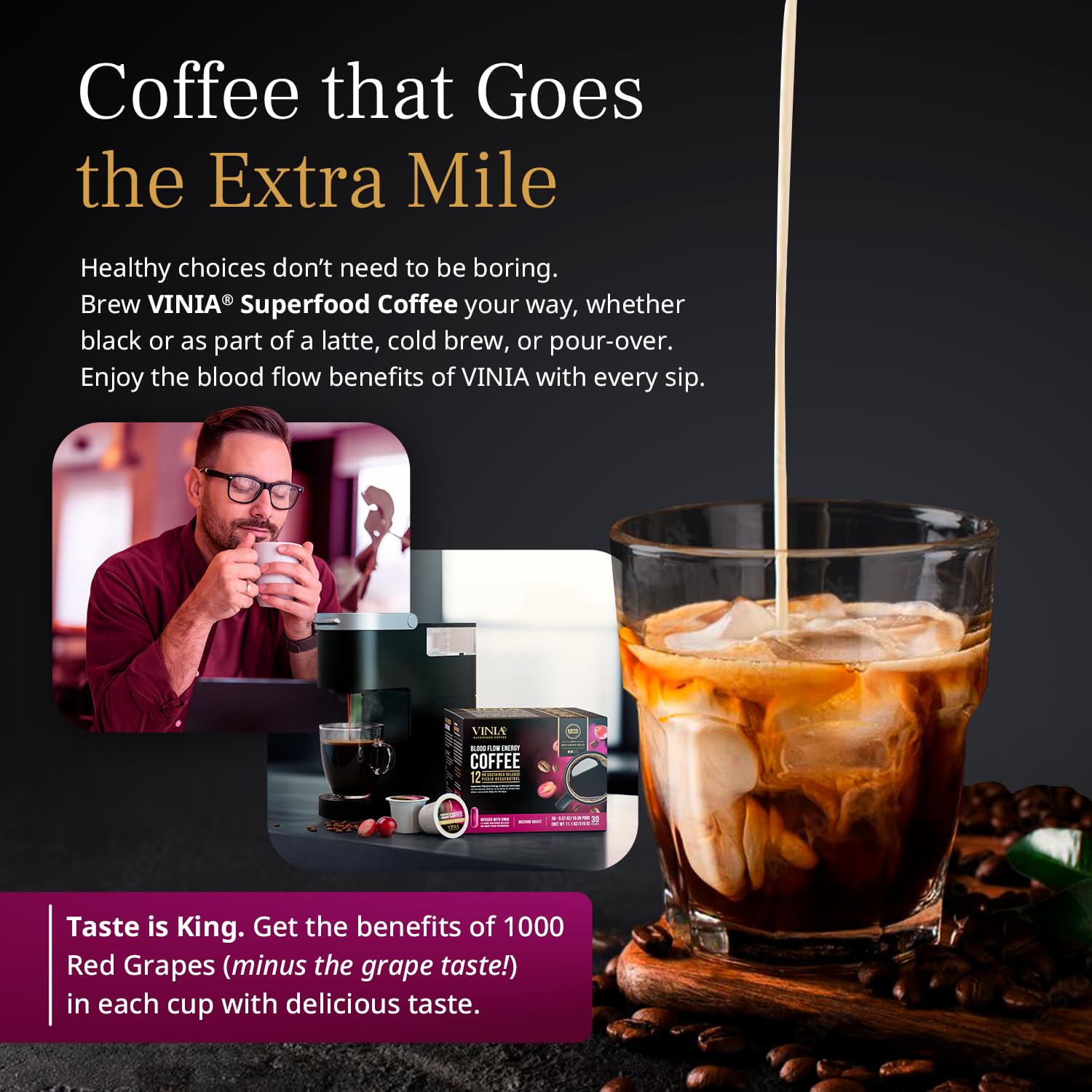 VINIA Blood Flow Energy Coffee Pods - Medium Roast Infused with Red Grape Piceid Resveratrol for Physical Energy & Mental Alertness, Keurig Compatible K Cups Superfood Coffee, Full-Bodied Chocolate No