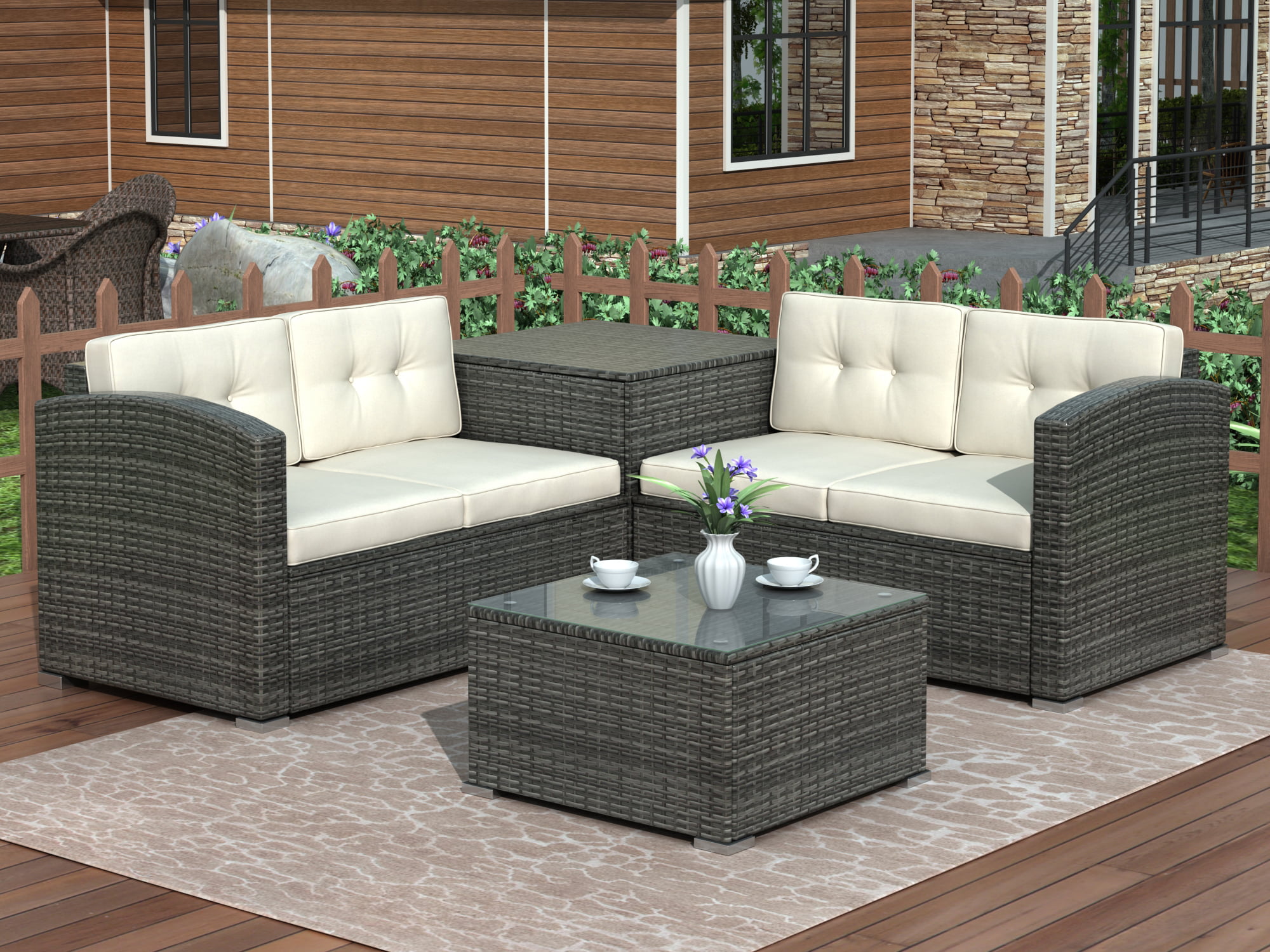 Outsunny Brown 4-Piece Iron Plastic Rattan Patio Furniture Set with Beige Cushions, 2-Single Chairs, Double Sofa and Tea Table-860-117BG - The Home Depot