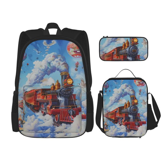 Balery Cartoon Train Hot Air Balloon Mochila Escolar 3 en 1 para Niños - Mochila Resistente con Lonchera Térmica y Estuche - Mochila Escolar para Niños y Niñas