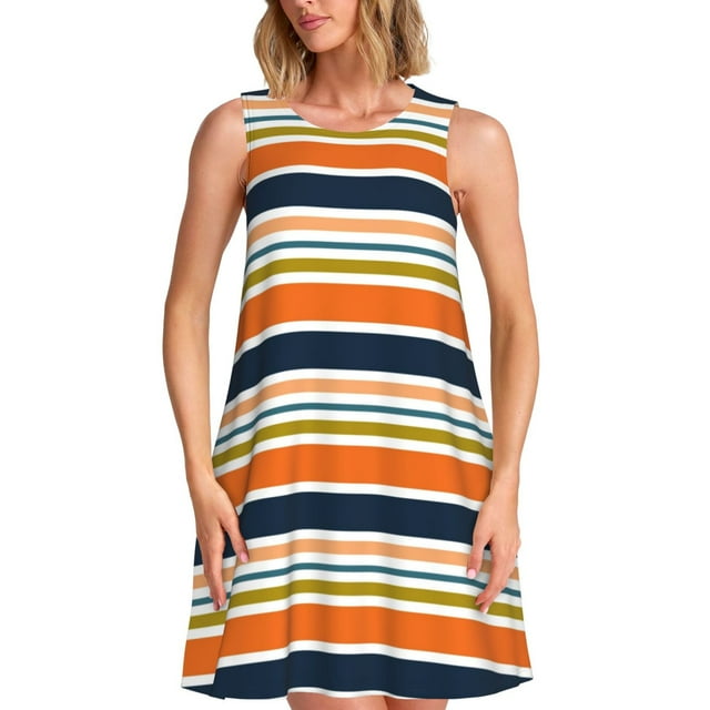 Fotbe Colorful Pastel Stripes Vestido de Verano sin Mangas para Mujer – Vestido Midi Línea A, Estilo Camiseta Floral, Vestido Playero Casual y Fluido