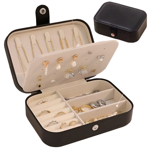 Portable Jewelry Box Double Layer, Travel Jewelry Organizer Case with Ring Slots and Necklace Hooks, PU Leather Storage Case for Earrings Rings Necklaces,Black