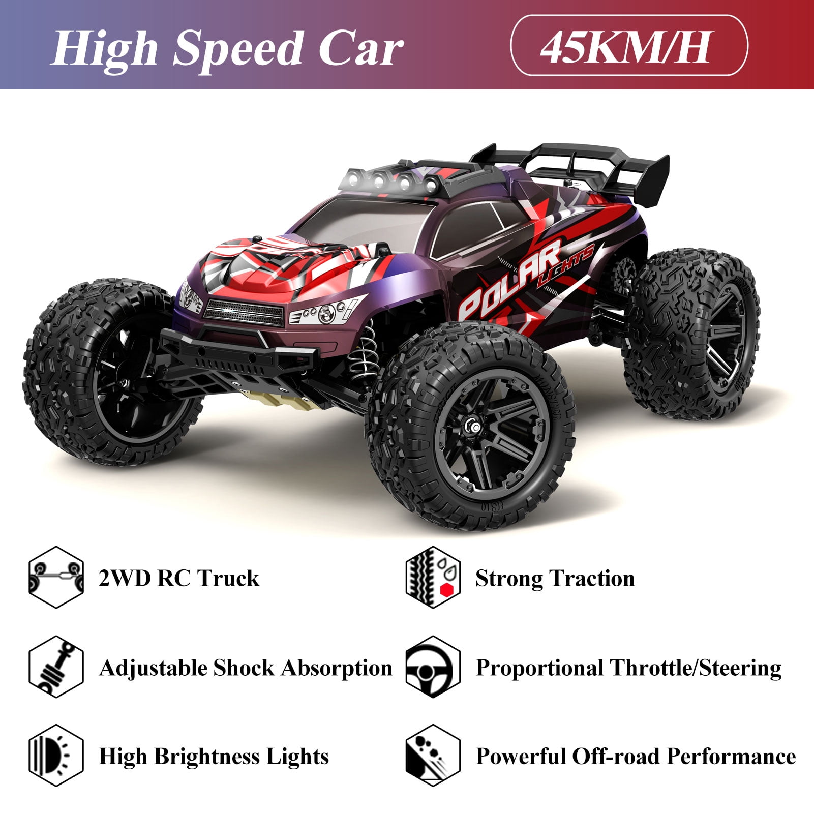 Halloween Gift, High Speed RC Cars 45kmh For Adults, 1:8 Scale Remote Control Car, All Terrain Off-Road Monster RC Truck For Adults, 2.4Ghz Glow-Up RC Cars With Body Lights & Headlights