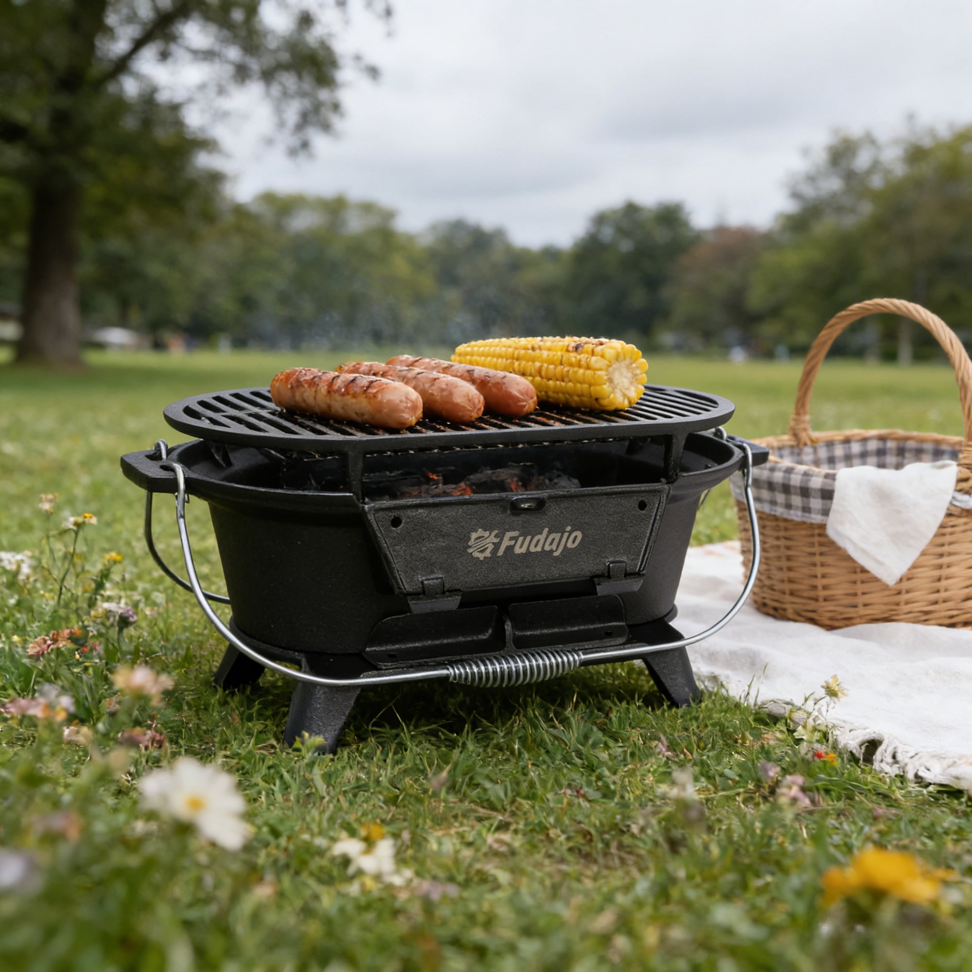 Oval Cast Iron Grill Outdoor, Portable Charcoal Grill and Tabletop Cast Iron Skillet - 100% Cast Iron, Enameled, Durable, Small Charcoal Grill, Camping Stove, Hibachi Grill
