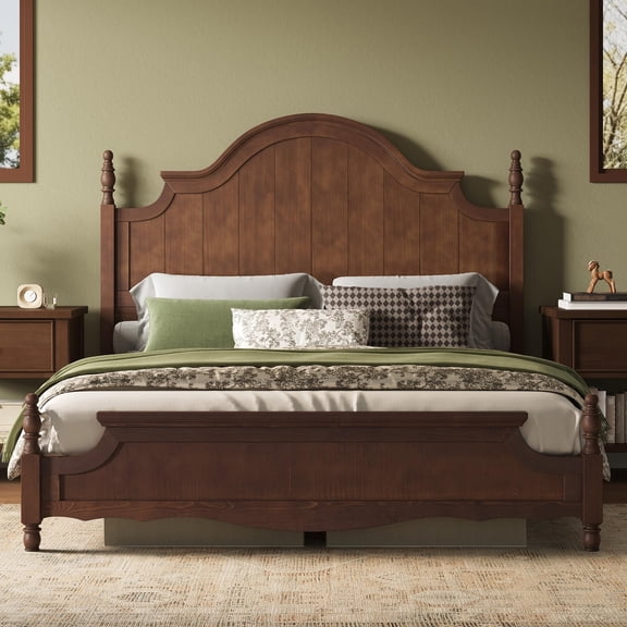 Amerlife Solid Wood Queen Bed Frame with Arched Headboard, Traditional Poster Bed with Wooden Slats Support, Easy Assembly, Dark Walnut