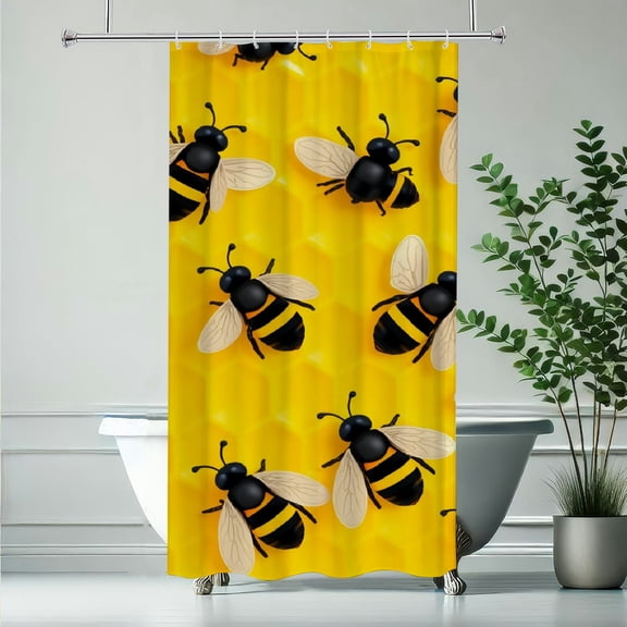 RKSupls Waterproof Shower Curtain, Honeycomb Bee Pattern Polyester Shower Curtain with Hooks for Chic Elegant Home Bathtub Bathroom Decor Washable Curtains