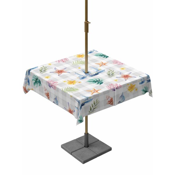 Outdoor Tablecloth with Umbrella Hole for Patio/Picnic/Party/Camping, Coastal Nautical Waterproof Table Cloth Square Cover Washable, Summer Marine Life Leaves Boat Grey Plaid (60"x 60")
