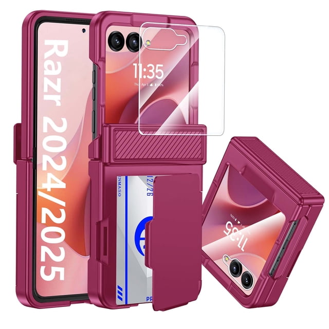 Vizvera para Motorola Razr 2024/Razr 2025 Funda de Teléfono con Tarjetero Bloqueo RFID, Protección de Bisagra Integrada, Protector de Pantalla-rojo Rosa