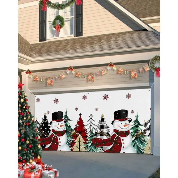 Garage Door Banner Cover 7 x 16 ft, Christmas Plaid Snowman Red Snowflake Christmas Garage Door Decorations Holiday Christmas Backdrop Decor for Winter New Year Xmas Party