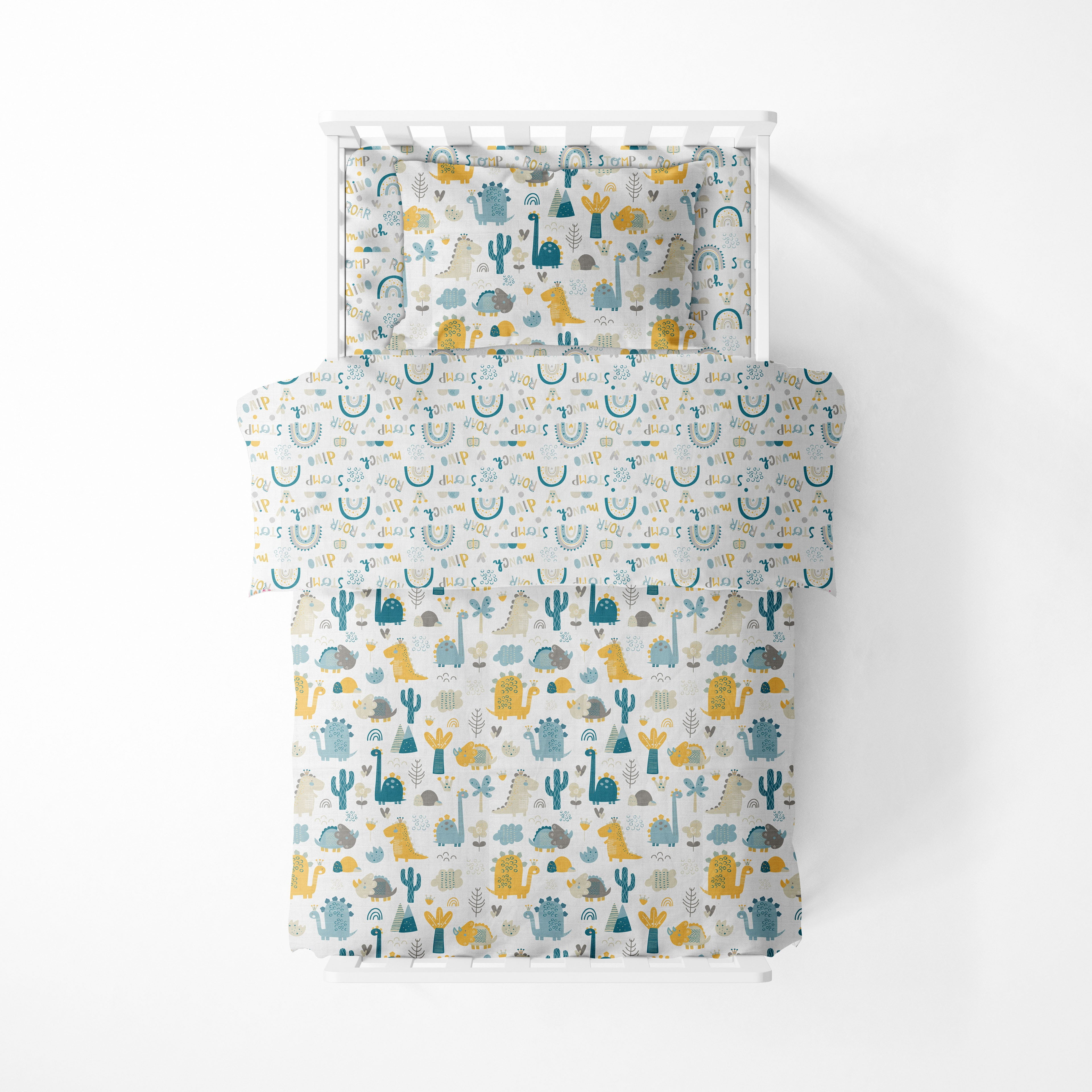 Bacati - Boys 5 pc Toddler Bedding/Sheet Set 100% Cotton Muslin, Little Dino Teal/Yellow/Gray