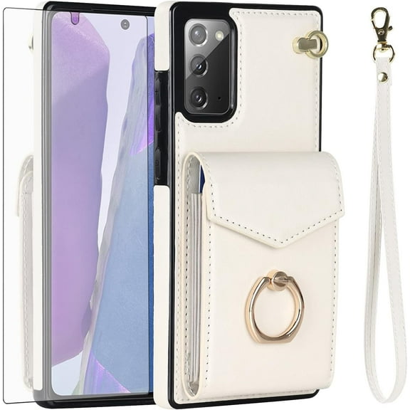 Asuwish Compatible with Samsung Galaxy Note 20 5G Wallet Phone Case Tempered Glass Screen Protector Ring RFID Credit Card Holder PU Leather Cell Cover for Note20 Notes 20s Twenty Not S20 Girls White