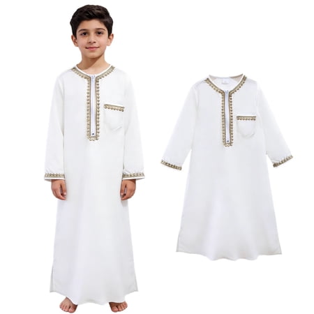 Thobe for Boy Long Sleeve Zipper Embroidered Long Thobe Boys Eid Outfits 6-7 Years Boys Clothes