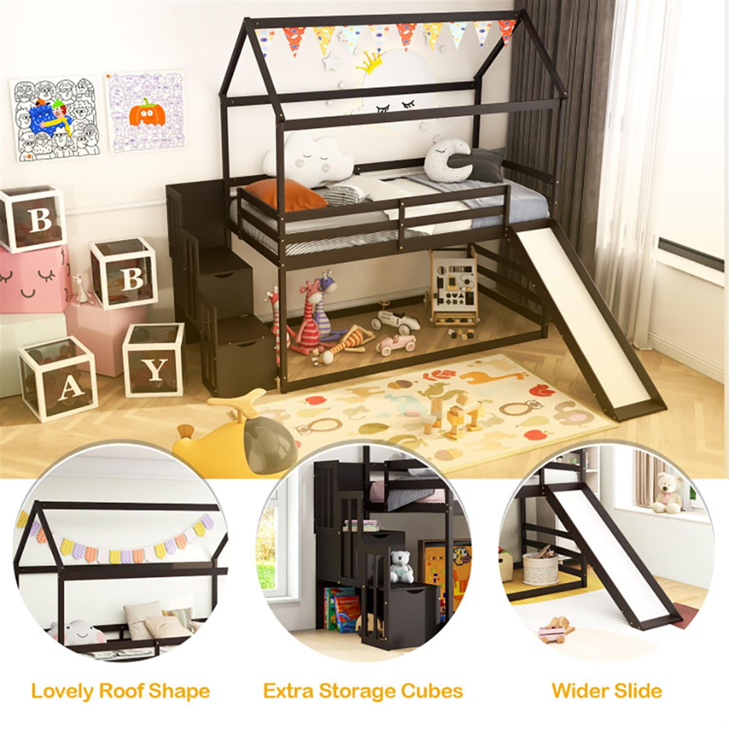 Demi Bonn Twin Over Twin Bunk Bed with Slide and 2-Step Storage Staircase, Solid Wood Loft Bed with Ladder and Full-length Guardrails, Brown