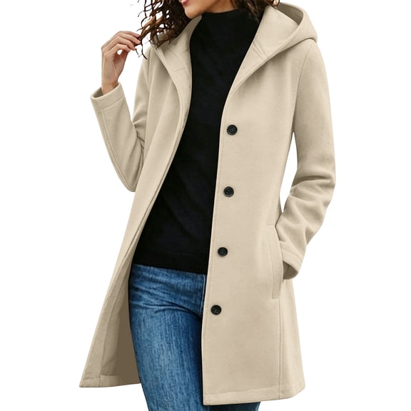 Cmfcve Womens Plus Size Winter Overcoat Single Breasted Hooded Coat Relaxed Fit Casual Mid Length Jacket