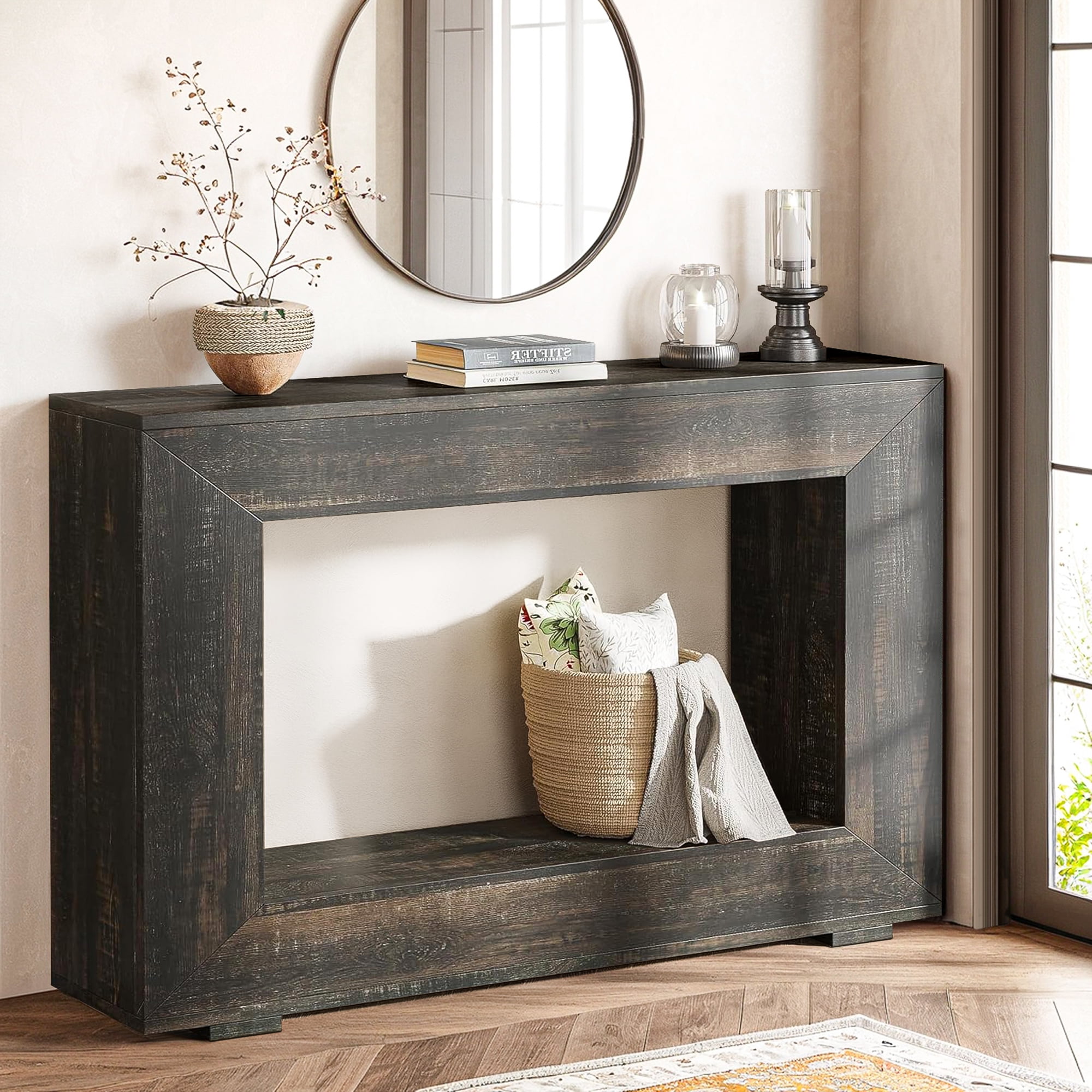 Demi Bonn 47" Farmhouse Console Table, Modern Living Room Sofa Table with Storage, Contemporary Entryway Hall Table, Foyer Display Table, Dark Gray