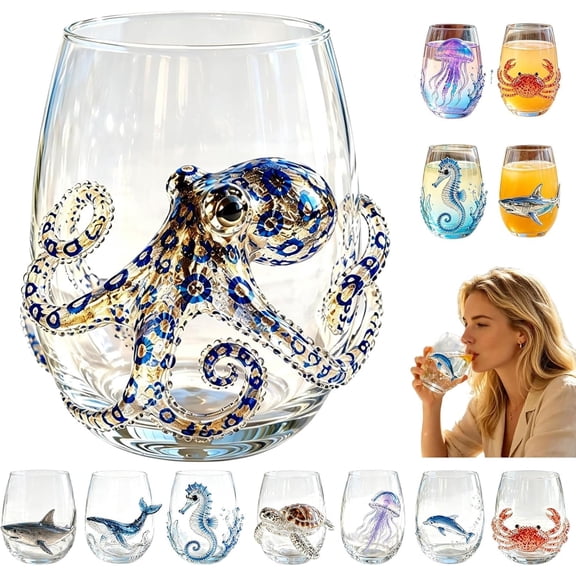 Artisanal Blue Ringed Octopus Glassware, 3D Octopuses Stemless Whisk.ey Glasses, Handcrafted Marine Animal Bar Glass, Coastal Home Decor Gift for Ocean Lovers