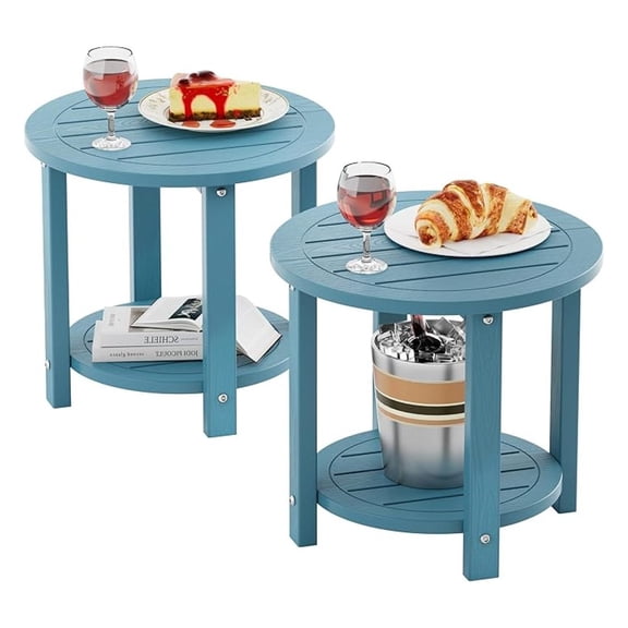 Outdoor Side Table for Patio: 16in HIPS Small Round Outdoor End Table - 2-Tier Adirondack Tables for Porch Patio Yard Poolside Living Room Beach Bedroom (Blue, 2 Pack)