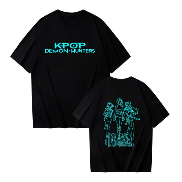 Pop cazadora para niña Demon Hunters Round-Neck Printed Anime Trio Poster T Shirt (Sky Blue)