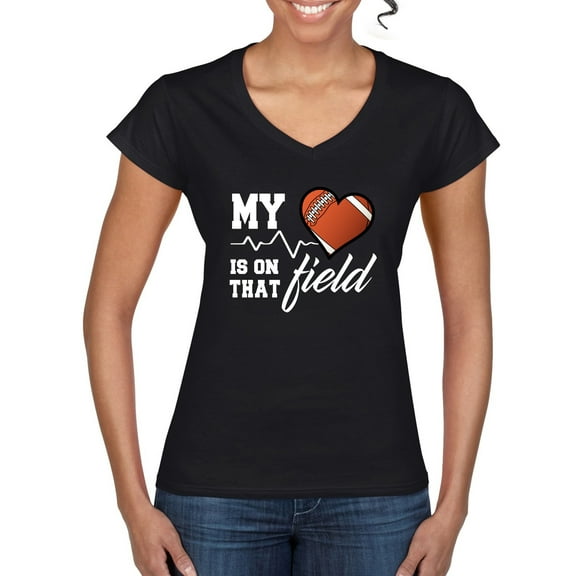 Wild Bobby, My Heart Is On That Football Field, Sports, Women Standard V-Neck Tee, Black, Small