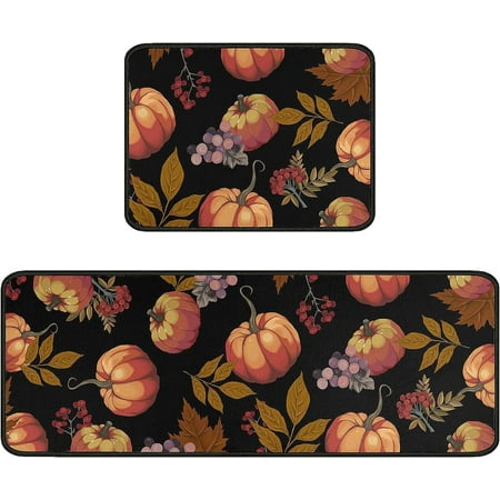 

Fall Pumpkin Kitchen Rugs and Mats Sets of 2 Thanksgiving Farmhouse Kitchen Rugs Decoration Rubber Backing Non-Slip Floor Mat for Sink Waterproof Laundry Room Rugs Runner Black 17x24+17x48inch