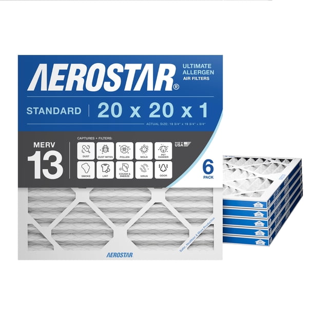 Aerostar 20x20x1 MERV 13 Filtro de aire plisado Filtro de aire para horno de CA Paquete de 6 (Tamaño real: 19 3/4" x 19 3/4" x 3/4")