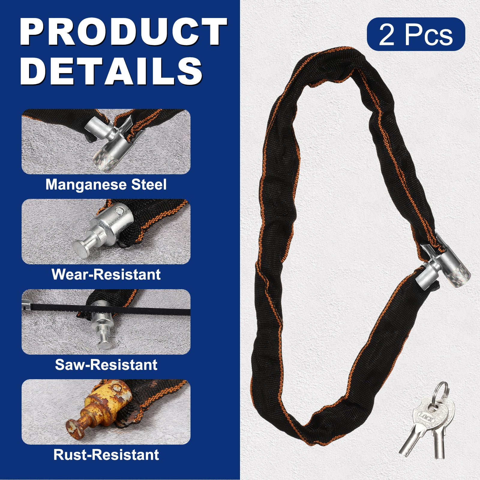 Uxcell Chain Lock, (2ft x 1", Silver) (2 Pcs), Thick Manganese Steel Anti-Theft Bike Chain Lock with 2 Keys, Suit for - Bikes/Trailers/Motorcycles/Garage Security