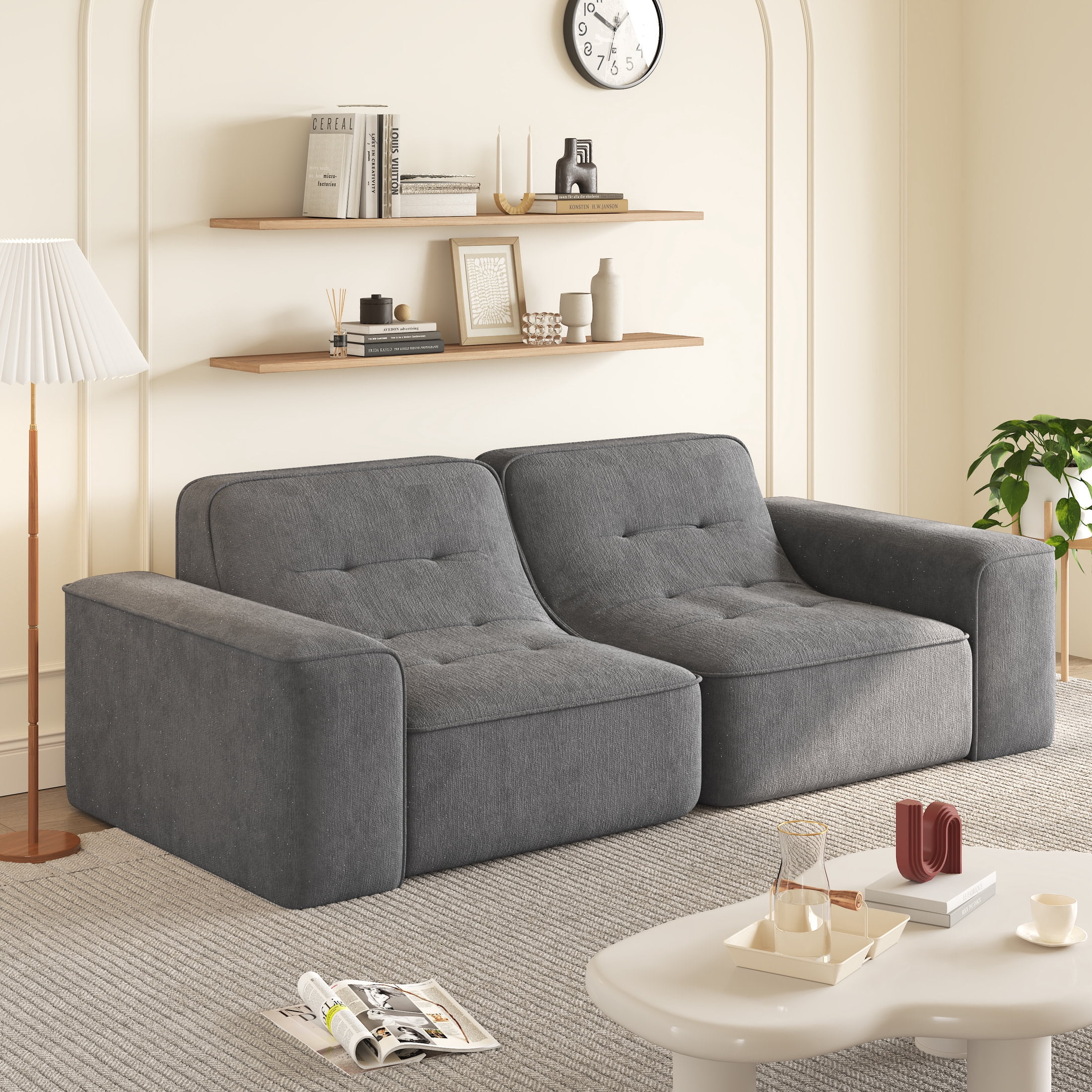 Noble House 84" Modular Sectional 3-Seater Sofa, Tufted Sparkling Chenille Deep Seat Couch, Living Room, Gray