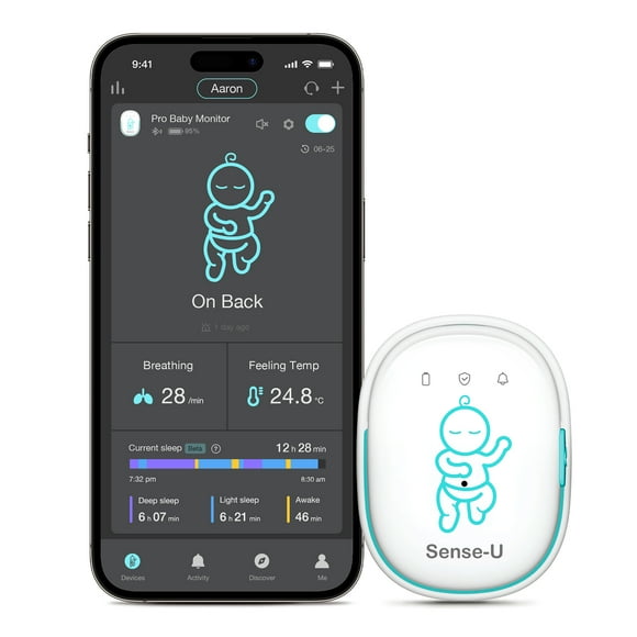 Sense-U Moniteur Intelligent pour Bébé Pro avec Vibration d'Éveil, Alertes Sonores et via l'Appli : Suivi des Mouvements Abdominaux, Retournement, Sensation de Température, Moniteur de Sommeil Intelligent Portable