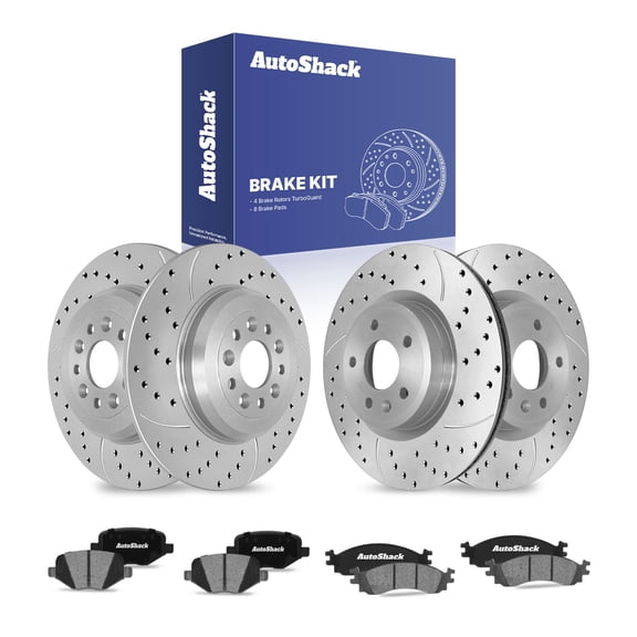 AutoShack Front Vented & Rear Solid Drilled & Slotted Coated Brake Rotors Silver Matte Finish   Ceramic Pads 12-PC Brake Kit Replacement for 2010-2012 Ford Taurus TurboGuard