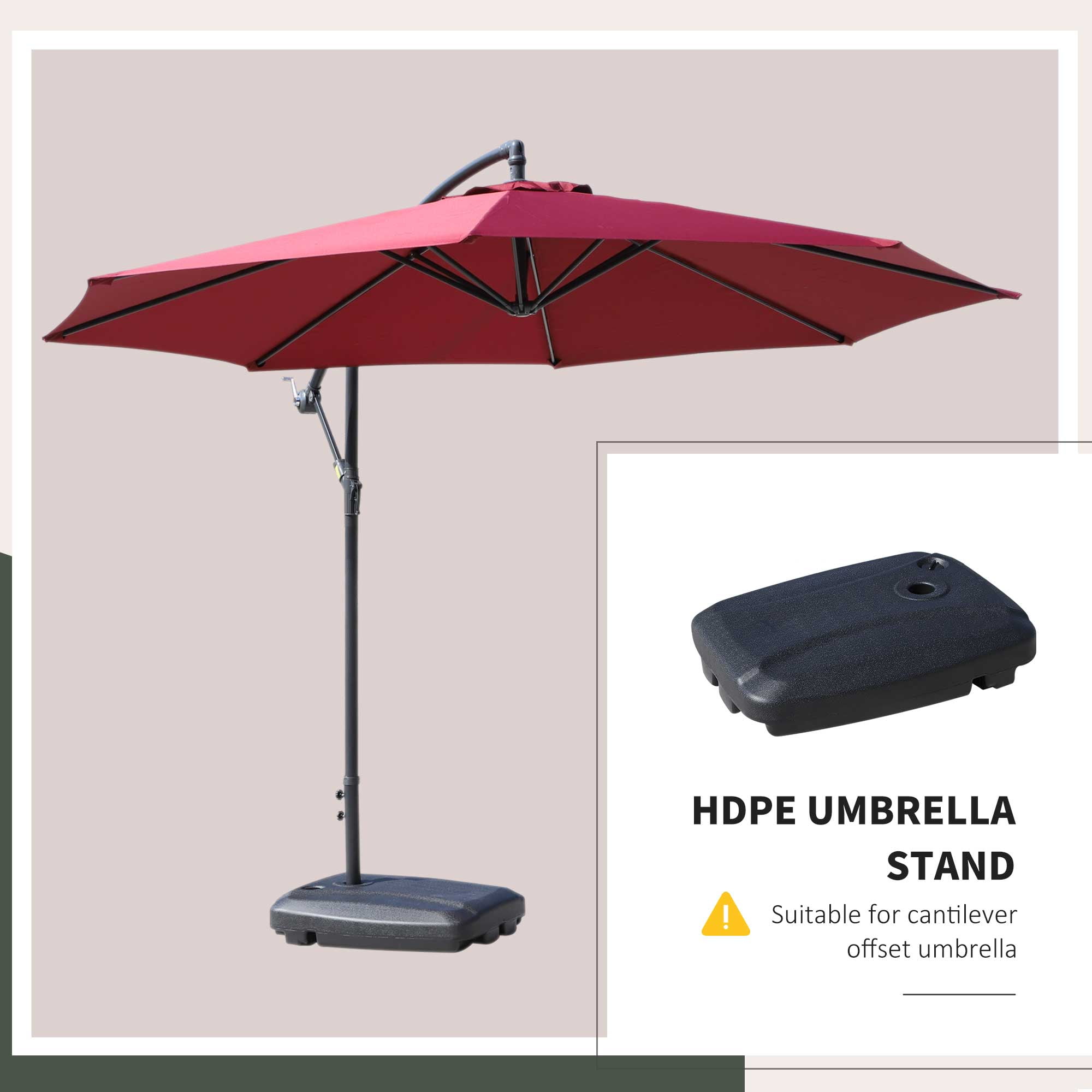 Outsunny Cantilever Offset Umbrella Base Stand Portable Square Parasol Weights with Wheels, 110 lbs Capacity Water or 132 lbs Capacity Sand