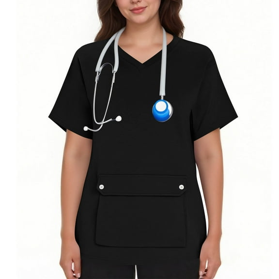 Yotami Womens Scrub Tops with Pocket Solid Color Short Sleeve V-Neck Soft Shirt for Nursing Tops, Black, S