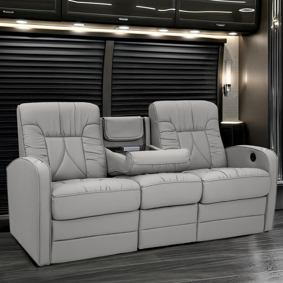 Qualitex De Leon RV Double Recliner Sofa, Ultimate Leather, Manual Recline, Ash
