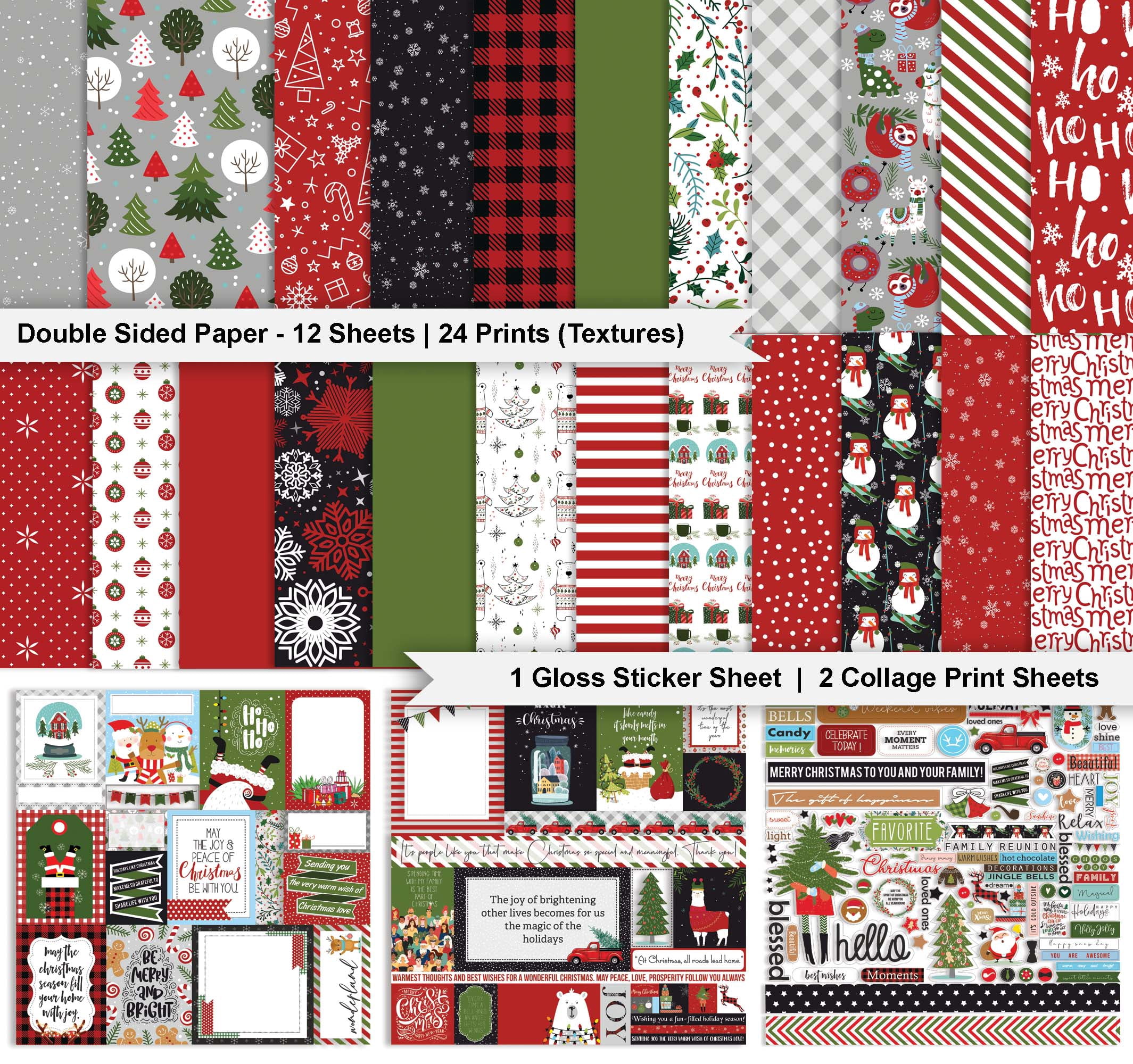 Inkdotpot Red Green Christmas Theme Collection Double,Sided Scrapbook Paper Kit Cardstock 12"x12" Card Making Paper Pack Of With Sticker Sheet - 16 Pages - Brown & Yellow