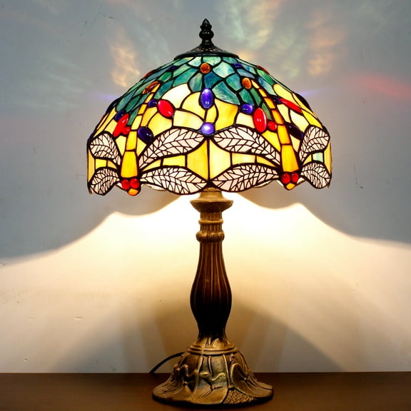 Tiffany Lamp Table Bedside Lamp Sea Blue Yellow Stained Glass Dragonfly Style Antique Nautical Reading Desk Light 18" Tall Bedroom Living Bedroom Victorian Memory Type  LED Bulb Included