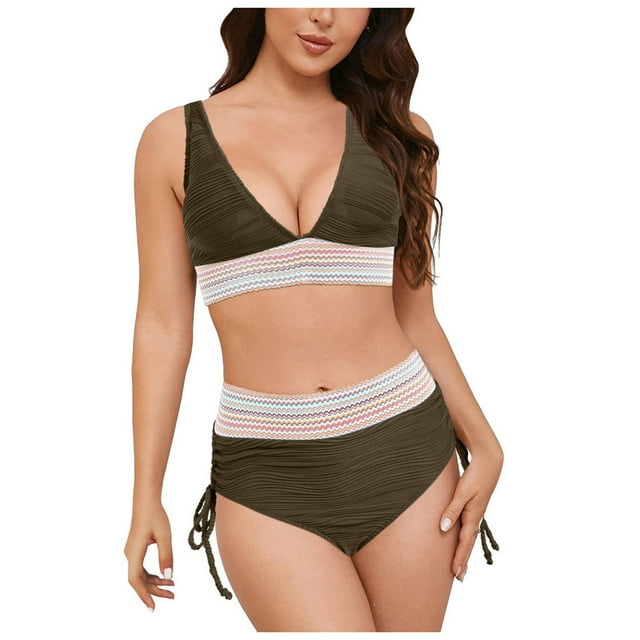 Huesdet Women's High Waisted Bikini Ribbed Two Piece Swimsuit High Cut Color Block Adjustable Straps Bathing Suit(Green,S)