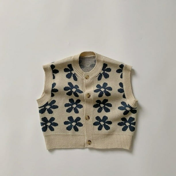 DanceeMangoo Spring New Children Sleeveless Knit Vest Fashion Flower Print Girls Knitted Vest Vintage Kids Sweater Boys Cardigan Vest
