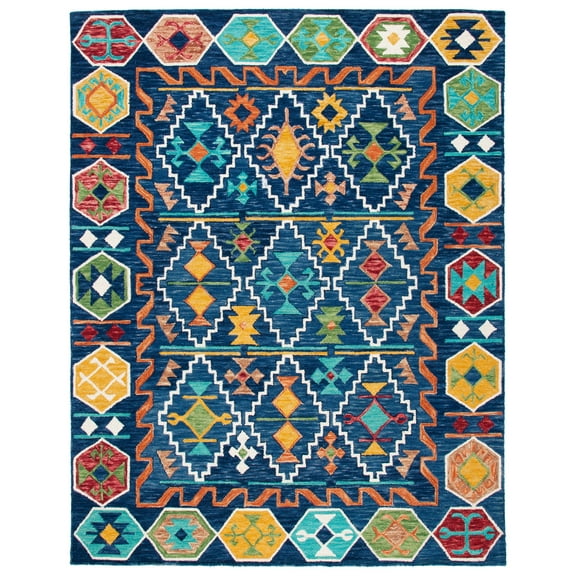SAFAVIEH Aspen Joyce Southwestern Wool Area Rug, Navy/Gold, 10' x 14'