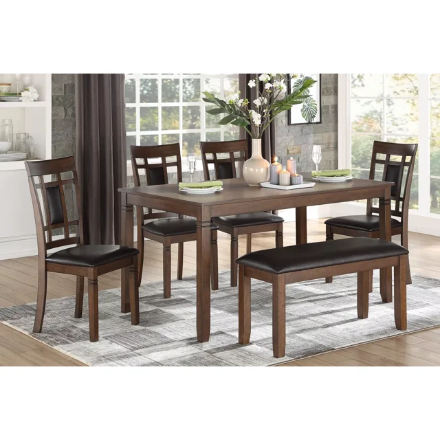 Classic Cherry Finish 6pc Dining Set Table Bench Chairs Set Faux Leather Upholstered Seat