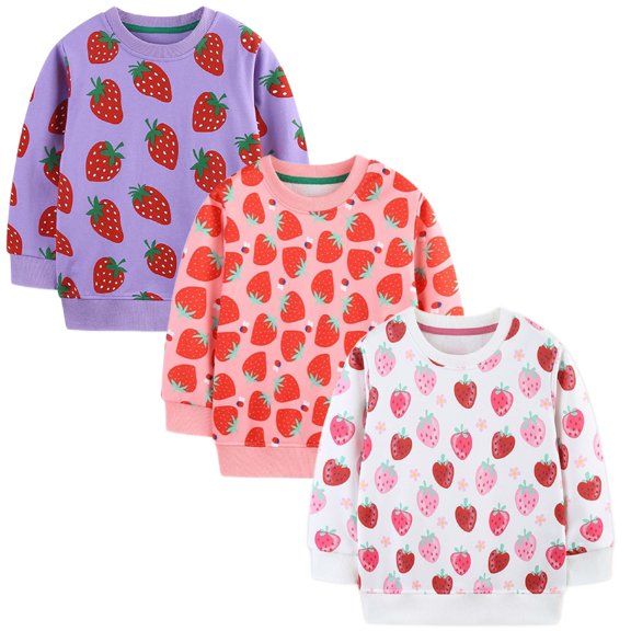 DOZINSIX 3 Pack Toddler Girls Crewneck Sweatshirts Kids Cotton Strawberry Print Long Sleeve Fall Winter Pullover Tops
