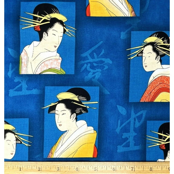 1/2 Yard - Fiji Oriental Women Portrait on Blue Cotton Fabric (Great for Quilting, Sewing, Craft Projects, Throw Pillows & More) 1/2 Yard X 44" Wide