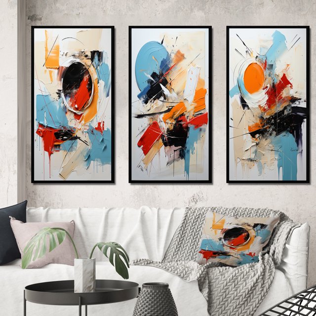 Designart "Fragile Wisdom Abstract in Blue" Abstract Painting Framed Wall Art Set Of 3 - Blue Modern Frame Canvas Set For Living Room Decor