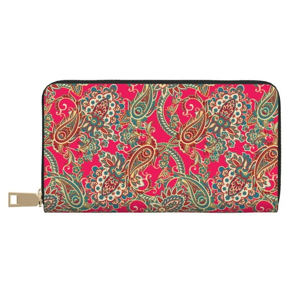 Leather Thin Slim Wallets for Women Men - Red Green Paisley Clutch Card Wallet for Women Men with Zipper